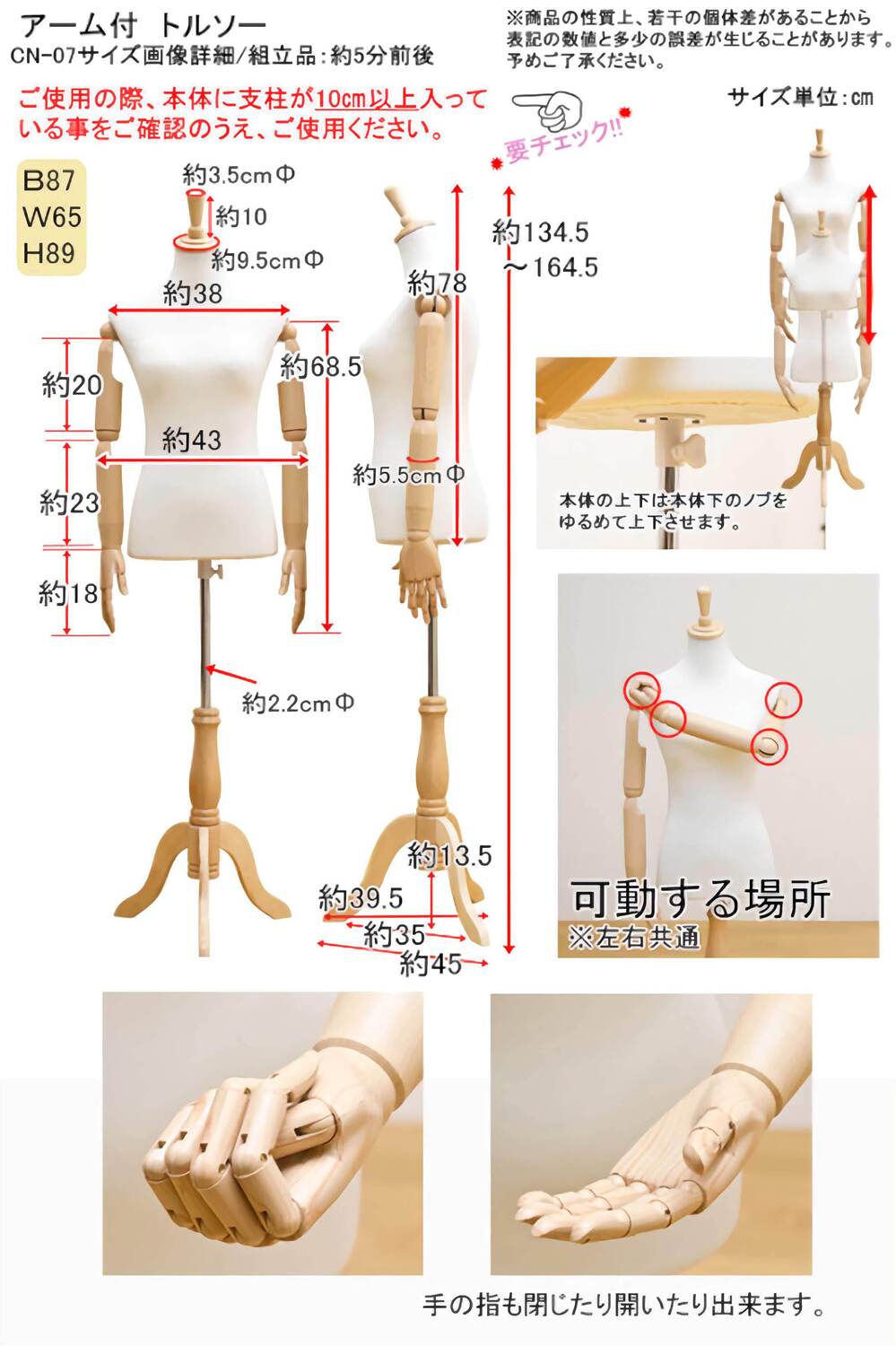 アーム付きトルソー 【CN-07IV】 アイボリー